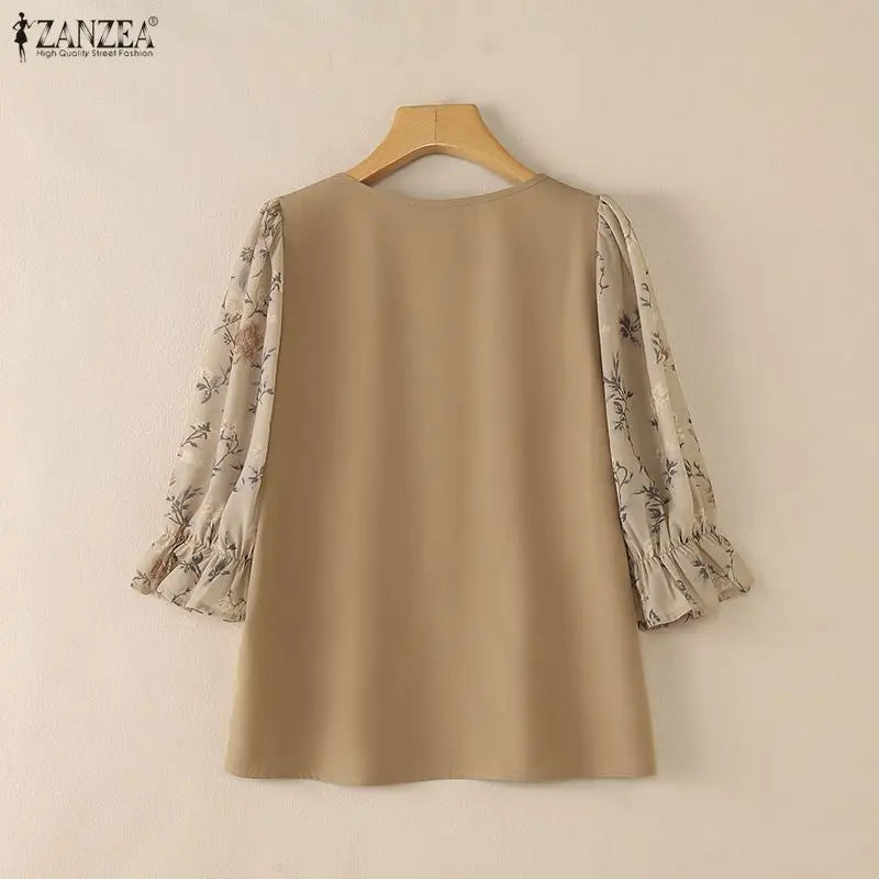 ZANZEA Women Elegant Floral Printed 3/4 Puff Sleeve Blouses Square Neck Patchwork Pullover Tops Summer Casual Blusas de Mujer