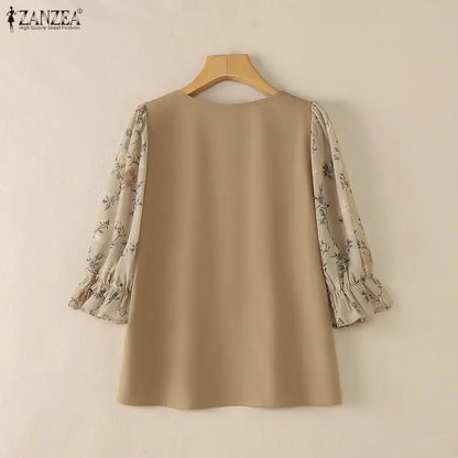 ZANZEA Women Elegant Floral Printed 3/4 Puff Sleeve Blouses Square Neck Patchwork Pullover Tops Summer Casual Blusas de Mujer