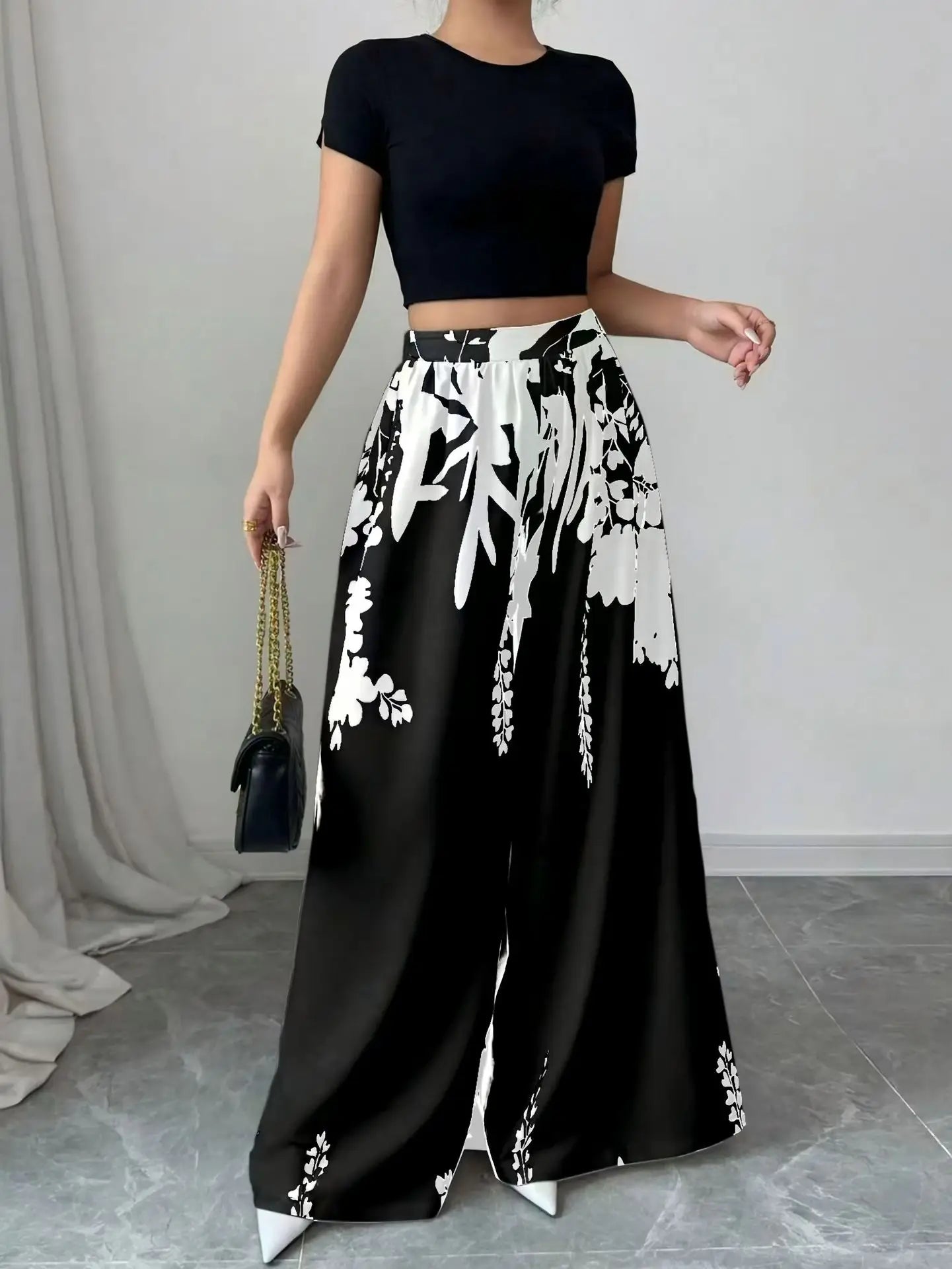 Women's Tropical Print Wide-Leg Pants, Elastic Waist Design, Slim Fit for Casual Vacation Wear