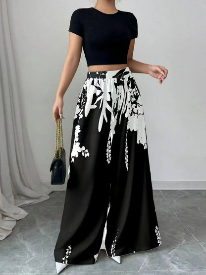 Women's Tropical Print Wide-Leg Pants, Elastic Waist Design, Slim Fit for Casual Vacation Wear
