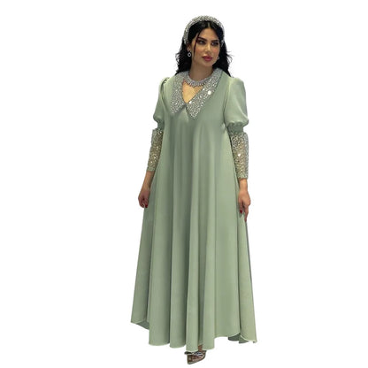 Morocco Abaya Women Dress Diamond Tape Trim Maxi Dress Autumn 2026 Stand Collar Long Sleeve Loose Oman Turkey Dubai Muslim Robe