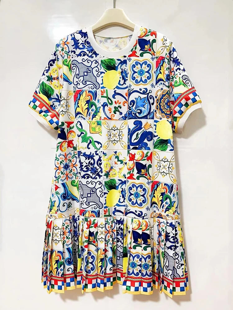 Retro geometric print round neck pullover dress 2026 summer women's T-shirt skirt fashionable loose oversized puffy skirt