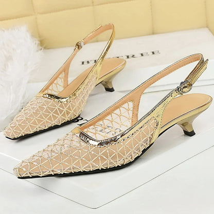 BIGTREE Shoes Mesh Breathable Women Pumps Fashion Kitten Heels 3 CM Hollow Out And Empty Back Strap Summer Sandals Women Shoes