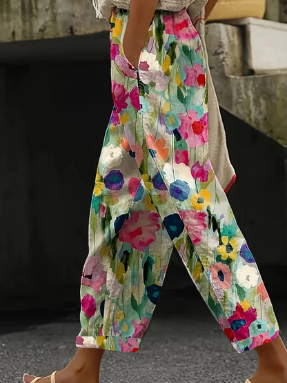 Latest Chic Women's Casual Floral Print Loose Wide Leg Pants Elastic Waist Straight Trousers For Daily Wear Boho Style Outfits