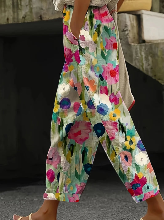 Latest Chic Women's Casual Floral Print Loose Wide Leg Pants Elastic Waist Straight Trousers For Daily Wear Boho Style Outfits