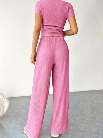 2Pcs/Set Women's Casual Sports Set Spring and Summer Basic Solid Color Slim Lady's Round Neck Short Sleeve Top and Floor Pants