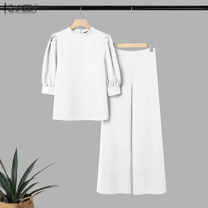 2026 Fashion Summer Pant Sets ZANZEA Stand Neck Short Sleeve Blouse Wide Leg Trousers Suit Women OL Work Outfits 2 Pieces Sets