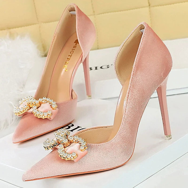 BIGTREE Shoes 7 Cm Kitten High Heels Rhinestone Buckle Pearl Design Women Pumps Suede Ladies Heels Stilettos Luxury Party Shoes