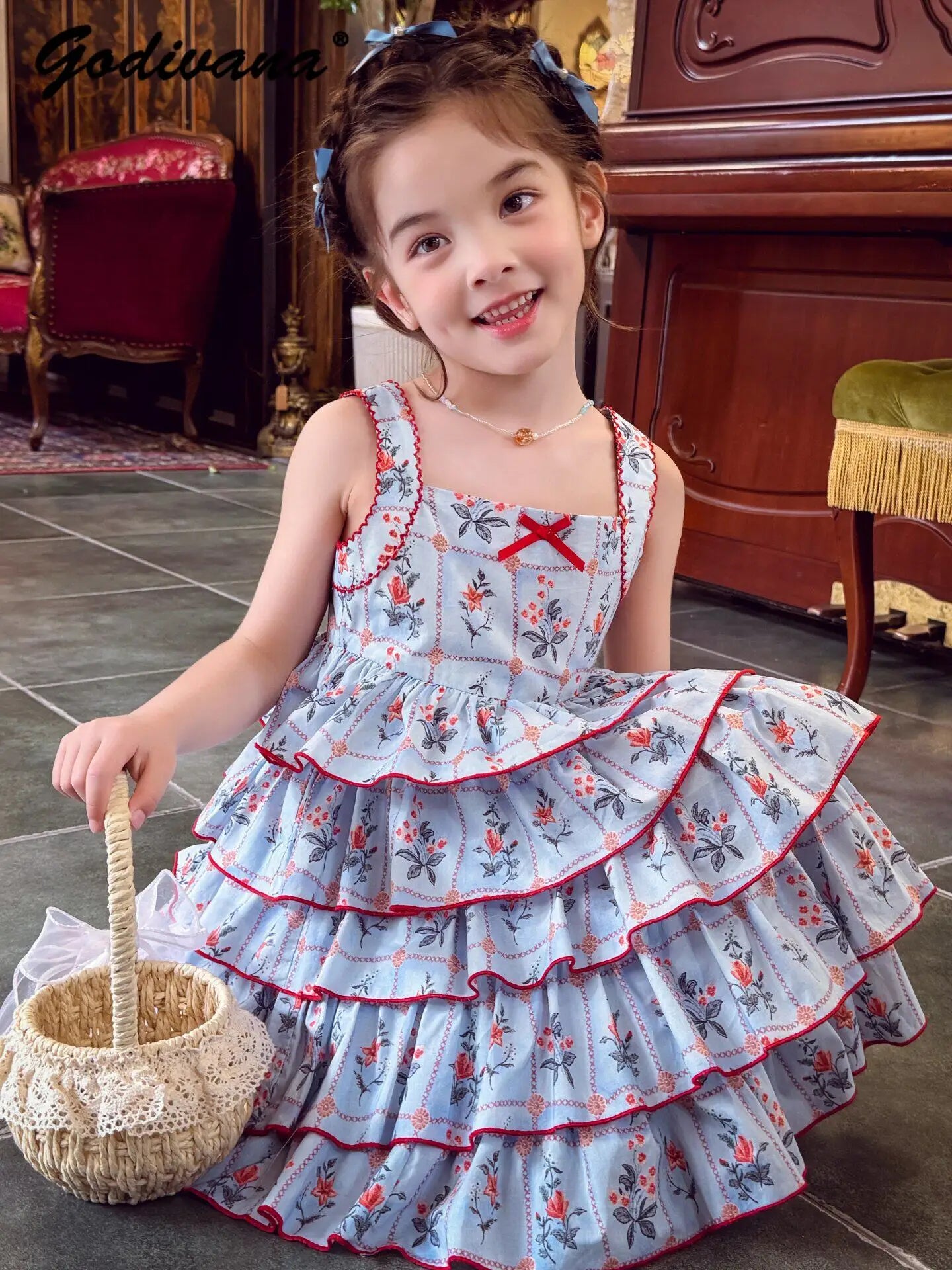 Sweet Baby Girls Cute Floral Casual Sundress New Summer 2026 Childrens Floral Cotton Lace Ruffle Trim High Waist Cake Slip Dress
