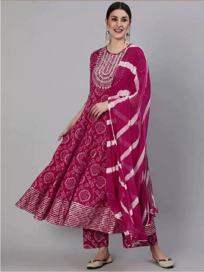 Indian Pure Cotton Rose Red Printed Women's 3-Piece Set for Spring and Summer