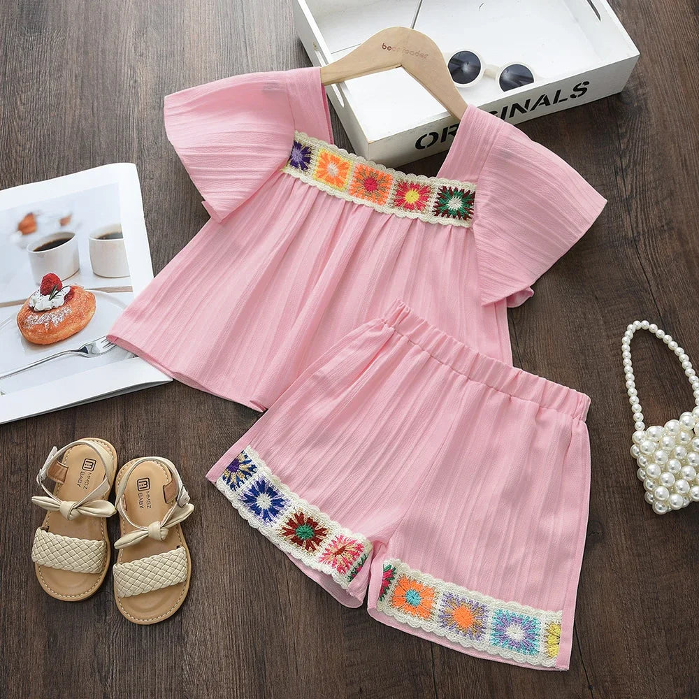 Bear Leader Version Kids Clothes Girls Summer Pink Sleeveless Printed Square Neck Top+Shorts Korean Fashion Casual 2-piece Set