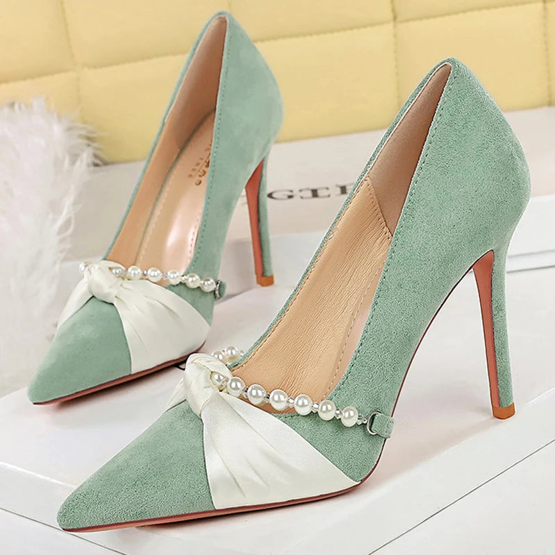 Luxury Women Pumps Pearl Chain Bowknot High Heels Suede Ladies Shoes Stiletto Heels 10 Cm Sexy Party Shoes Lady Banquet Shoes