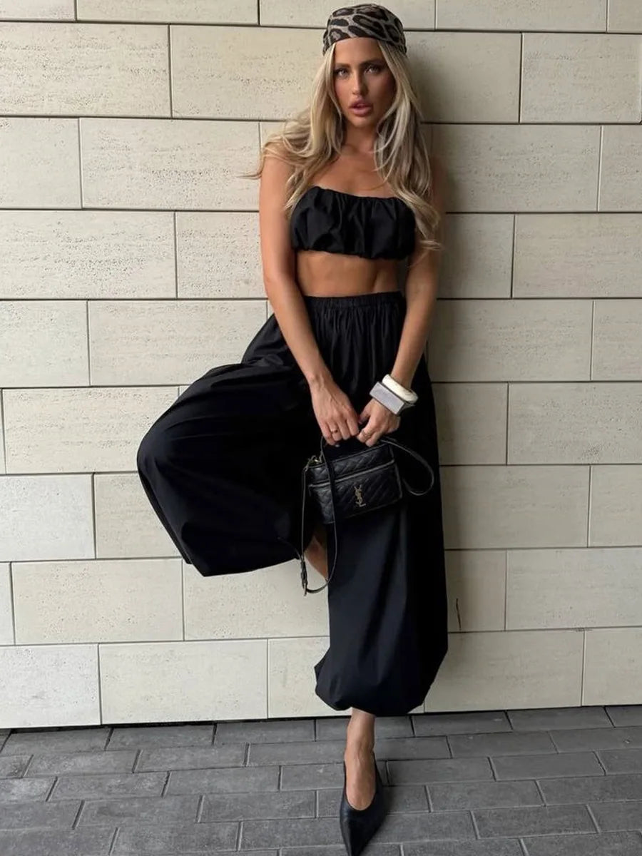 2026 Autumn Womens 100% Cotton Loose Lantern Style Wide Leg Pants Street Style Casual Lazy Pants Fashion Trousers Black