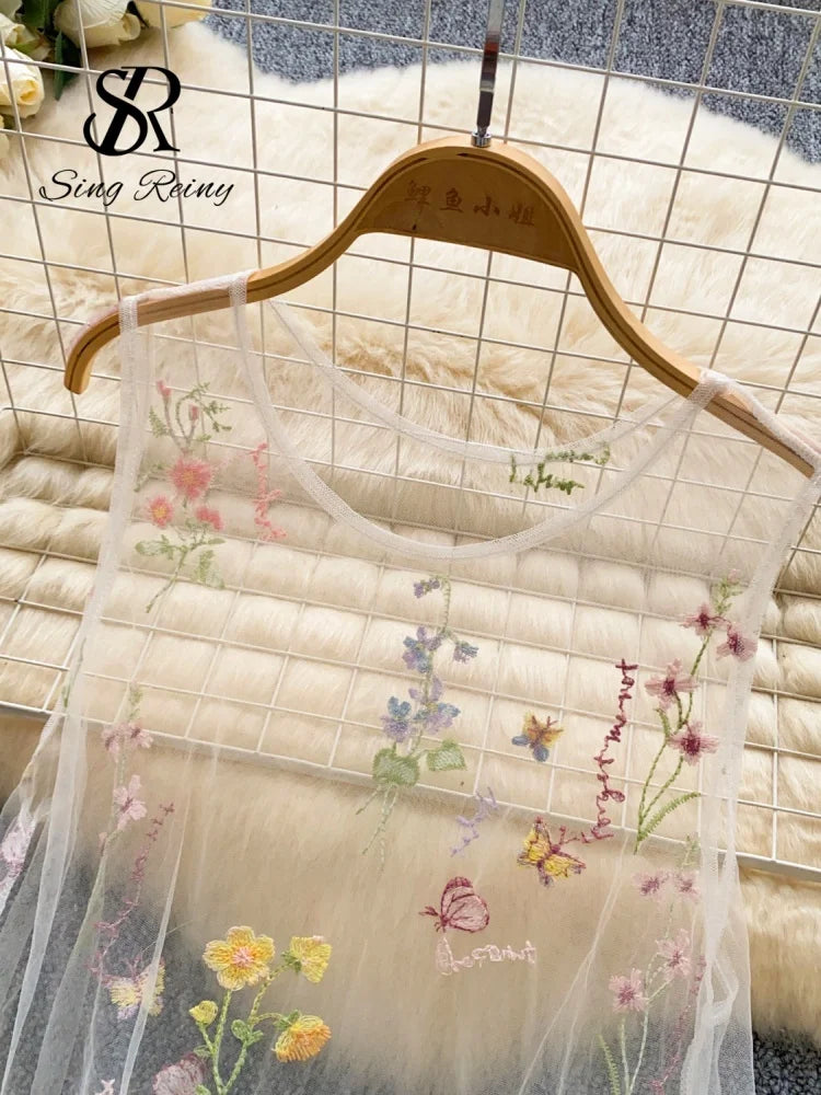 SINGREINY Holiday Floral Embroidery Long Dress 2026 Women O Neck Sleeveless Loose Irregular Summer French Mesh Bohemian Sundress