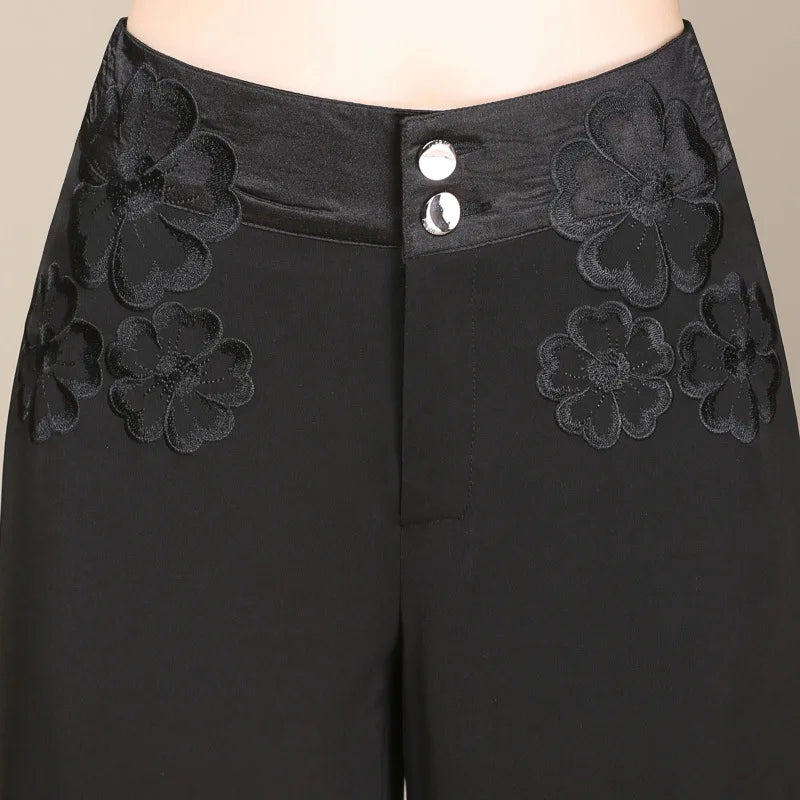 Women's High Waisted Straight Leg Long Pants Middle Aged Office Lady Elegant Embroidered Trousers Oversize 6XL Dropshipping