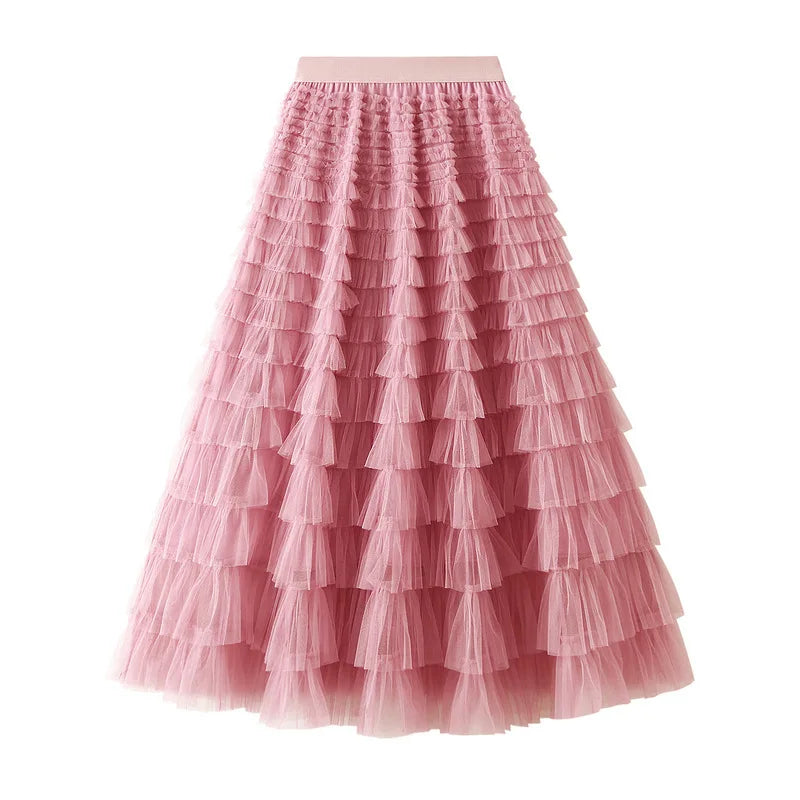 HOT Solid Multilayer Ruffle Mesh Skirt Women Boho High Waist Long Maxi Tulle Skirt Spring Summer Party Women's Clothing