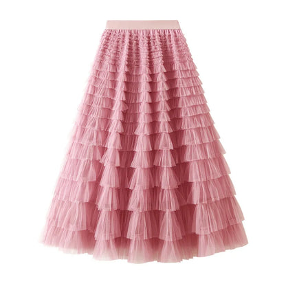 HOT Solid Multilayer Ruffle Mesh Skirt Women Boho High Waist Long Maxi Tulle Skirt Spring Summer Party Women's Clothing