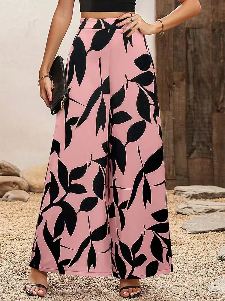 Women's Print Wide-Legged Casual Pants Loose Fit Fashionable Trousers