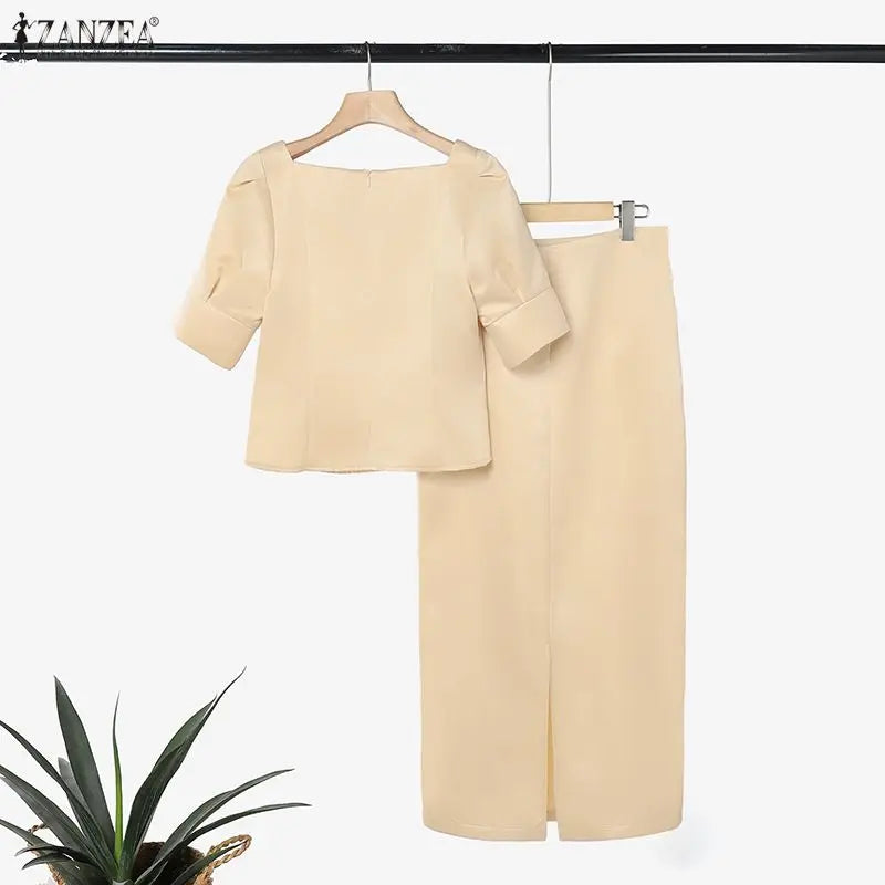 ZANZEA Women's Elegant Satin Skirt Sets Square Neck Short Puff Sleeve Crop Tops & Maxi Skirts 2 Pieces Suits Classy Party Outfit