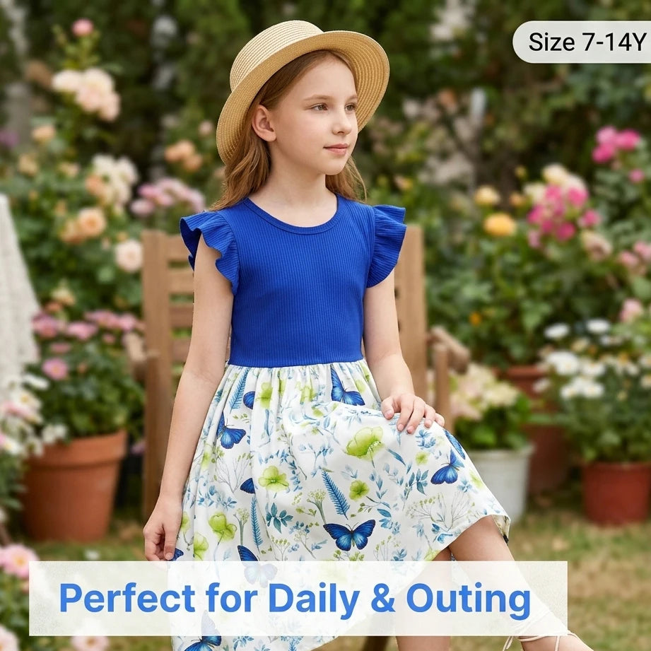 Girl's Summer 7-14 Years Round Neck Ribbed Ruffled Sleeve Butterfly Floral Print Dress for Daily School Casual Kids Lovely
