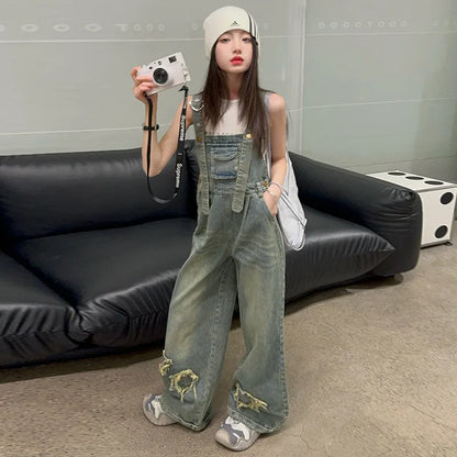 Overalls for Kids Pink Loose Casual Wide Leg Jeans Teenage Girls Jumpsuit Fashion All-match 12 13 14 Years Children Trousers