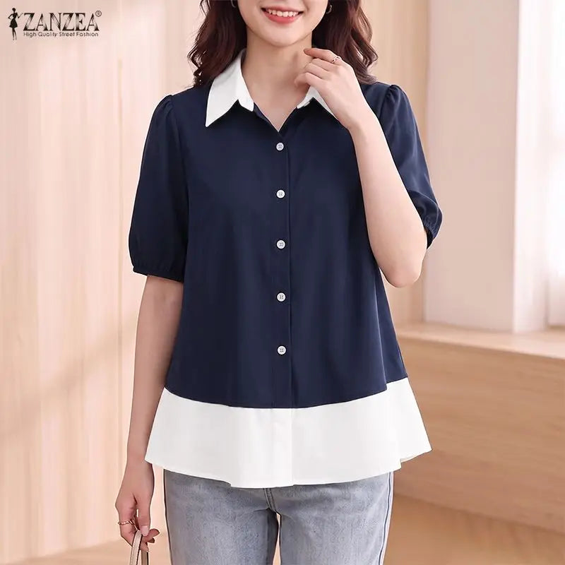 ZANZEA Woman Color-Block Shirts Elegant Lapel Puff Sleeves Button Up Peplum Blouses Summer Casual Daily Wear Chemises Femme 3XL