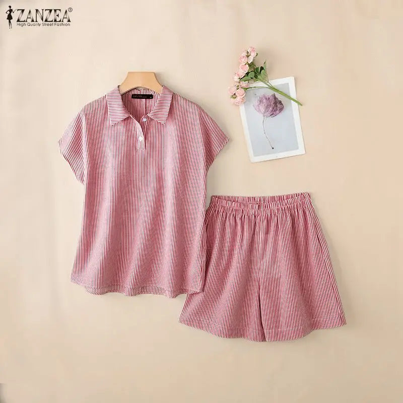 2026 ZANZEA Summer  Short Sleeve Shirt Short Sets Casual Holiday Striped Outfits Women 2 Pieces Sets Stylish OL Work Tracksuit