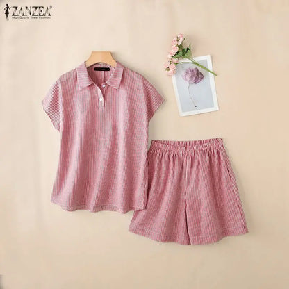 2026 ZANZEA Summer  Short Sleeve Shirt Short Sets Casual Holiday Striped Outfits Women 2 Pieces Sets Stylish OL Work Tracksuit
