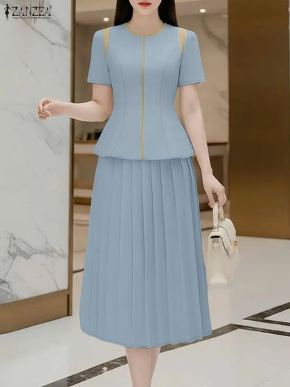 Elegant Summer OL Work Dress Sets 2026 ZANZEA Office Women 2 Piece Sets Short Sleeve Blouse Pleated Skirt Suit Patchwork Outfits