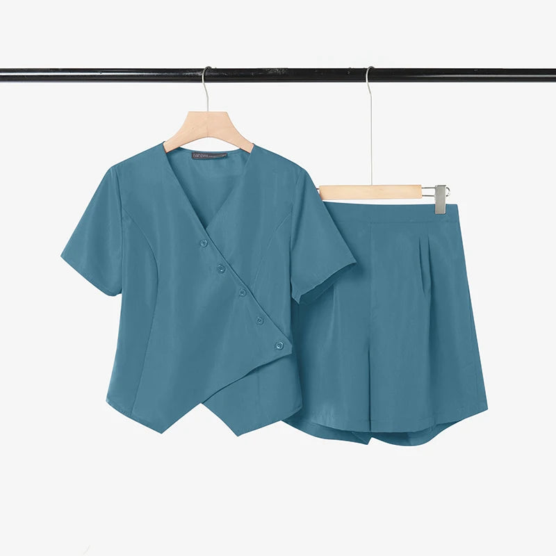 ZANZEA Women's Short Sets Asymmetric Placket Short Sleeve Tops & Elastic Waist Shorts 2 Piece Suits Summer Casual Chic Outfits