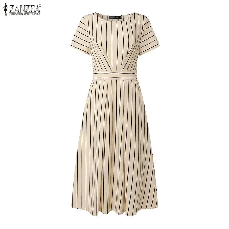 ZANZEA Fashion Women Short Sleeve Striped Sundress Summer OL Work Dress Elegant A Line Waisted Midi Robe Casual Holiday Dresses