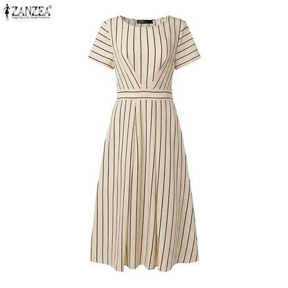 ZANZEA Fashion Women Short Sleeve Striped Sundress Summer OL Work Dress Elegant A Line Waisted Midi Robe Casual Holiday Dresses