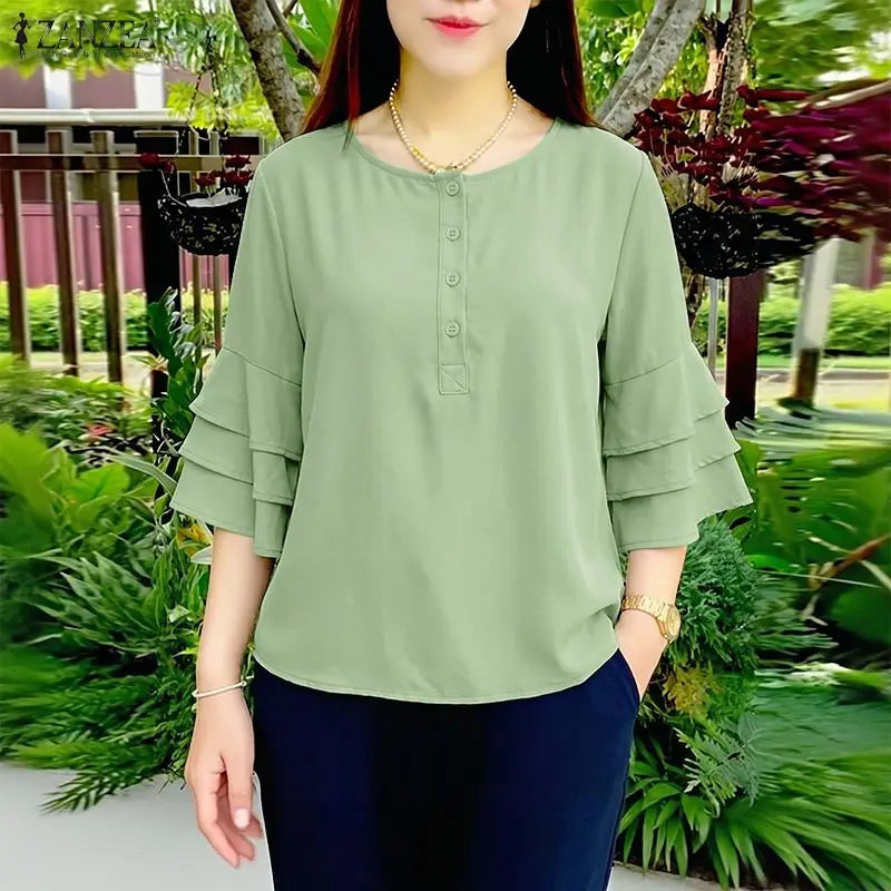 ZANZEA Women Blouse 3/4 Sleeve Tunic Top Ruffles Sleeve Elegant Office Casual O-Neck Button Solid Summer Blusas Oversize