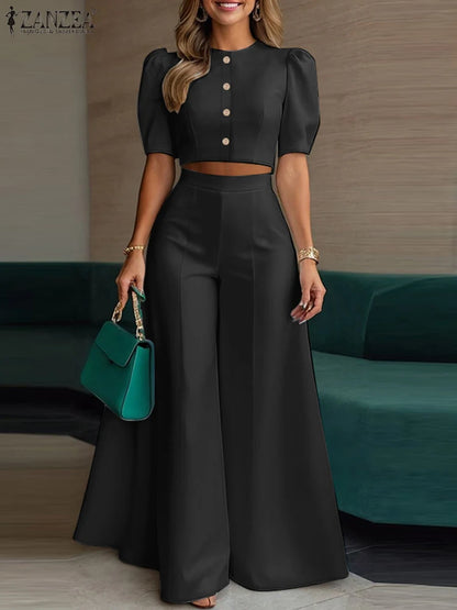 2025 ZANZA Fashion Summer Trousers Suit 2PCS Women Matching Sets Elegant Short Sleeve Blouse Wide Leg Pant Sets OL Work Outfits