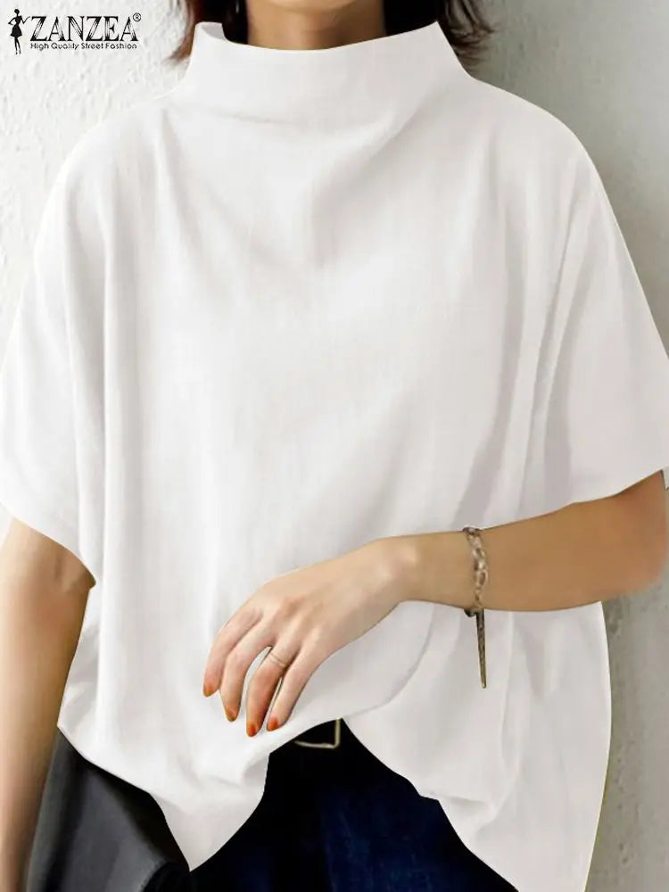 ZANZEA Causal Pure Cotton Blouse Summer Women Solid  Turtleneck Short Sleeve Back Zipper Blusas Elegant Holiday Tops Oversized