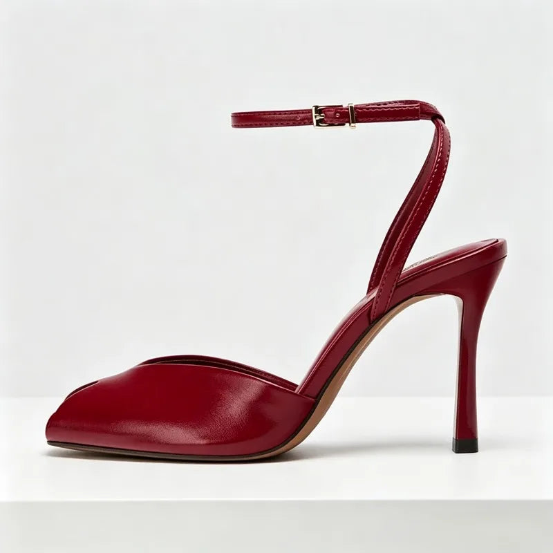 Red Soft Leather PU Ankle Strap Heeled Sandals Women Sexy Peep Toe High Heels Elegant Wedding Bridal Shoes Sandalias De Mujer