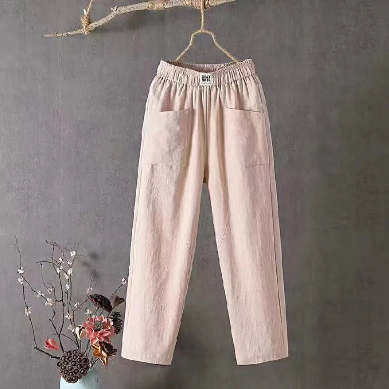 Women's Soft Cotton Linen Pants with Pockets Casual Solid Color Straight 4 Points Pants Fashion Loose Versatile Harem Pants
