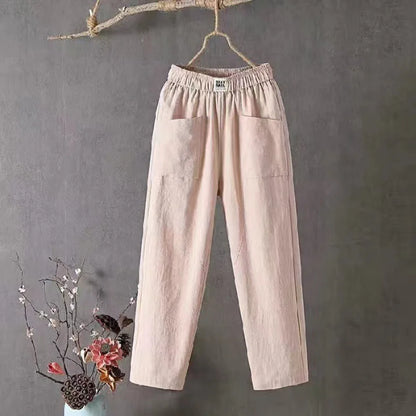 Women's Soft Cotton Linen Pants with Pockets Casual Solid Color Straight 4 Points Pants Fashion Loose Versatile Harem Pants