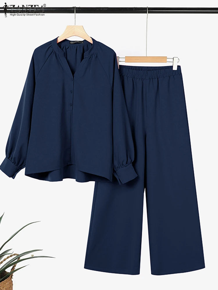 ZANZEA Spring Autumn 2PCS Outfits Women Solid Matching Sets Elegant Long Sleeve Blouse Pant Sets Casual Work OL Tracksuits 2025