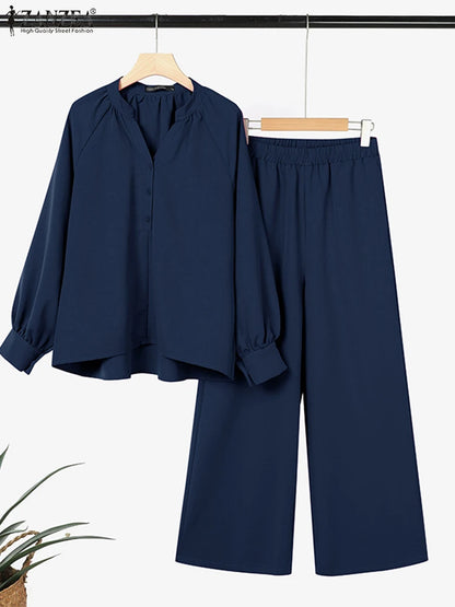 ZANZEA Spring Autumn 2PCS Outfits Women Solid Matching Sets Elegant Long Sleeve Blouse Pant Sets Casual Work OL Tracksuits 2025