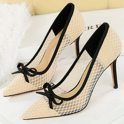 BIGTREE Shoes Mesh Lace Women Pumps Bowknot High Heels 9.5 Cm Stiletto Sexy Party Shoes Luxury Banquet Shoes Ladies Pumps 2026