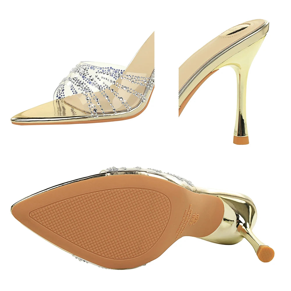 BIGTREE Shoes Transparent Design High-heeled Sandals Rhinestone Women Pumps Stiletto 9 cm Heels Summer Open Toed Pointed Sandals