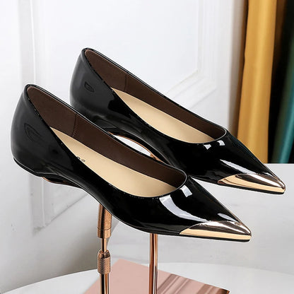 BIGTREE Shoes Low Heeled Women's Shoes Patent Leather Wedge Heels Women Pumps Metal Pointed Tip Luxury Banquet Shoes Fashion