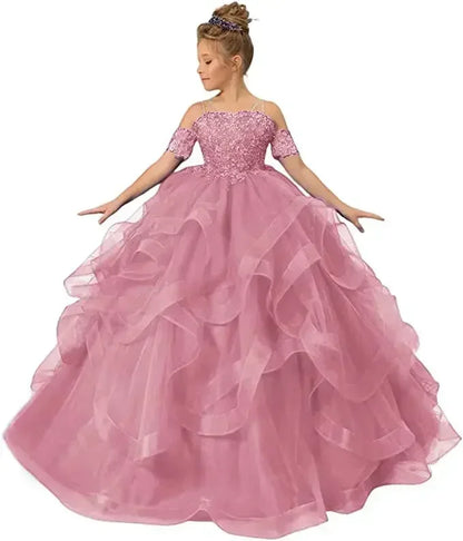 Dress for girls Party Flower Kids Ball Gown Tulle Off Shoulder Children Birthday Wedding Dresses First Communion Gown Clothing