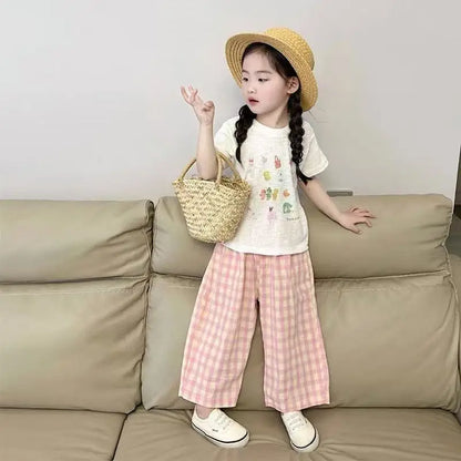 Girls' Thin Cotton Checkered Summer Pants Breathable Outdoor Straight Leg Wide Leg Mosquito Repellent Pants