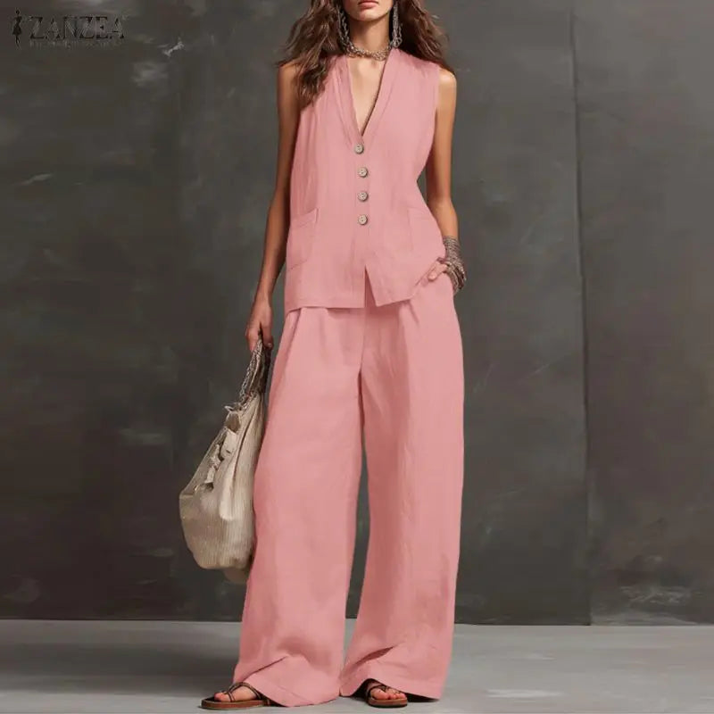 2026 ZANZEA Summer Elegant V Neck Sleeveless Tanks Tops Pant Sets Women 2 Pieces Sets Stylish Solid OL Work Outfits Tracksuit