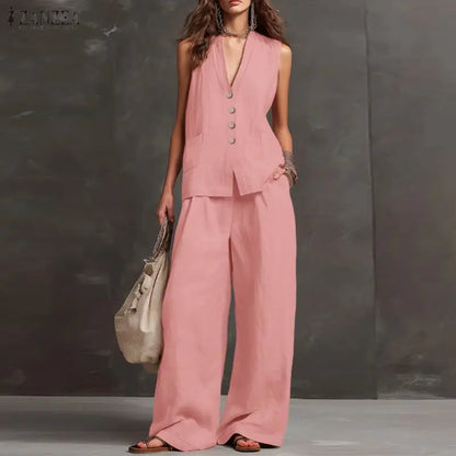 2026 ZANZEA Summer Elegant V Neck Sleeveless Tanks Tops Pant Sets Women 2 Pieces Sets Stylish Solid OL Work Outfits Tracksuit
