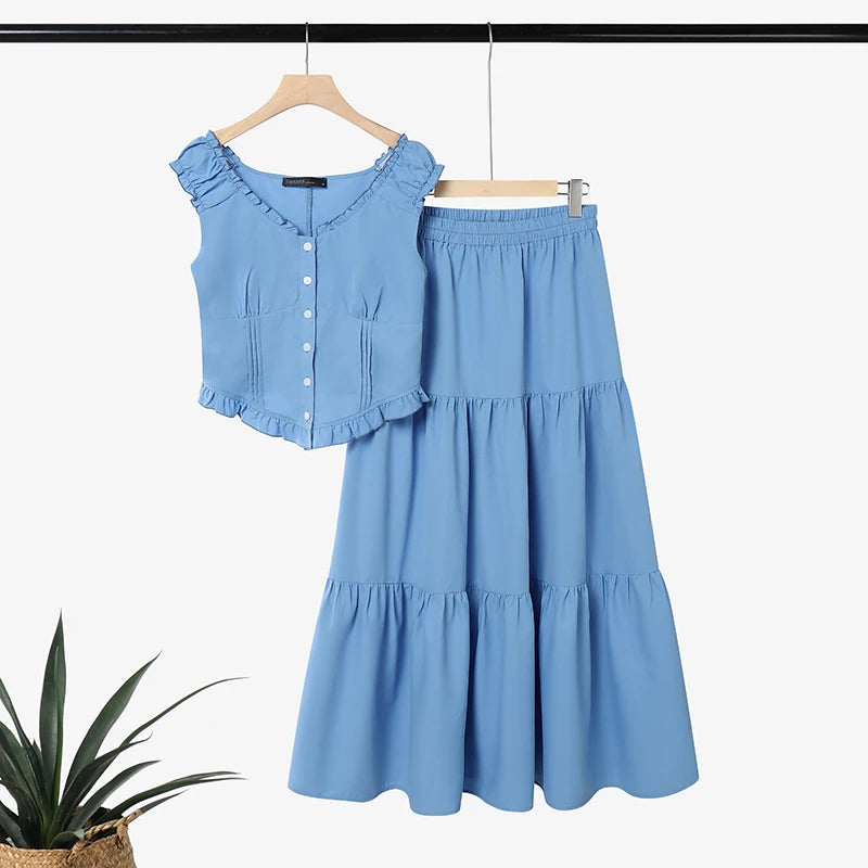 ZANZEA Women's Korean Fashion Skirt Suits Ruffles Trim Sleeveless Top & A-Line Maxi Skirt 2 Piece Sets Casual Elegant Outfits