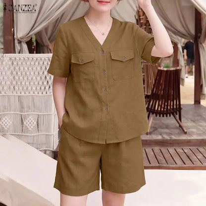 ZANZEA Summer 2 Pieces Sets Holiday Outfit Fashion Women Short Sets V Neck Short Sleeve Blouse Short Suit Solid Casual Tracksuit