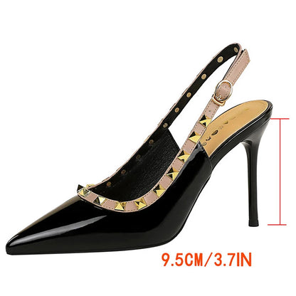 BIGTREE Shoes Rivet Design Women Pumps Patent Leather High Heels Sexy Party Shoes Stiletto Summer High Heeled Sandals Women Heel